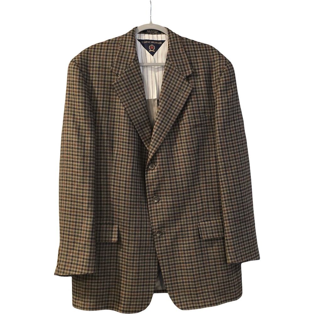 Tommy‎ Hilfiger Tweed Blazer 44L Houndstooth Wool USA Vintage Mens Coat